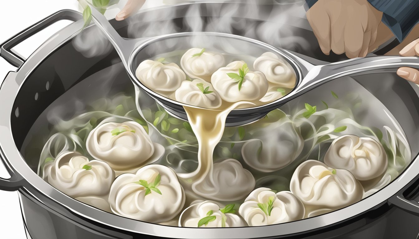 A pot of pelmeni being drained in a colander, steam rising