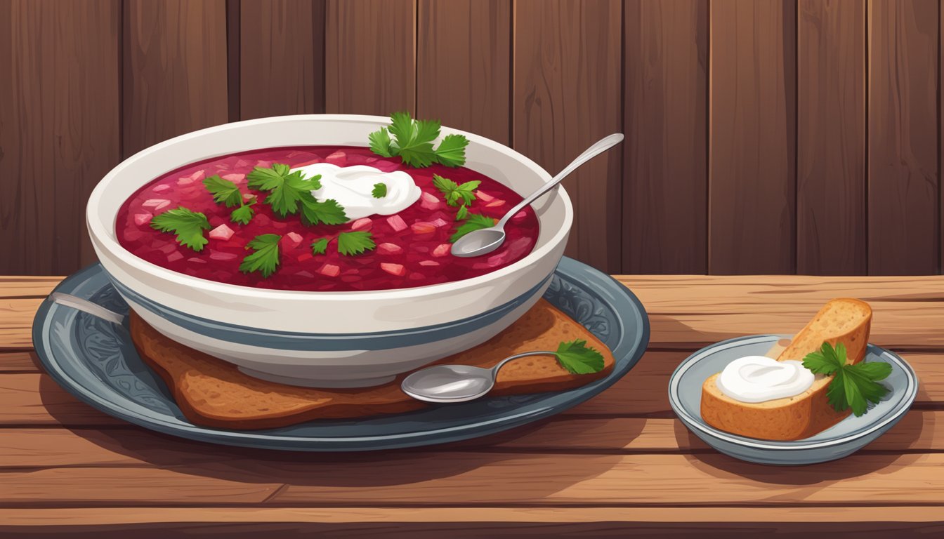 A bowl of borscht on a rustic wooden table with a spoon and a dollop of sour cream on top. A slice of rye bread on a plate alongside