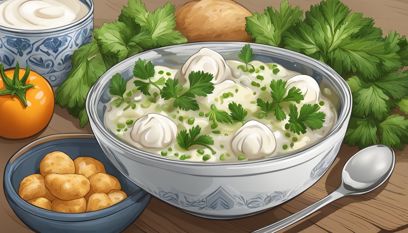 A bowl of pelmeni surrounded by various vegetables and herbs, with a side of sour cream and a glass of water