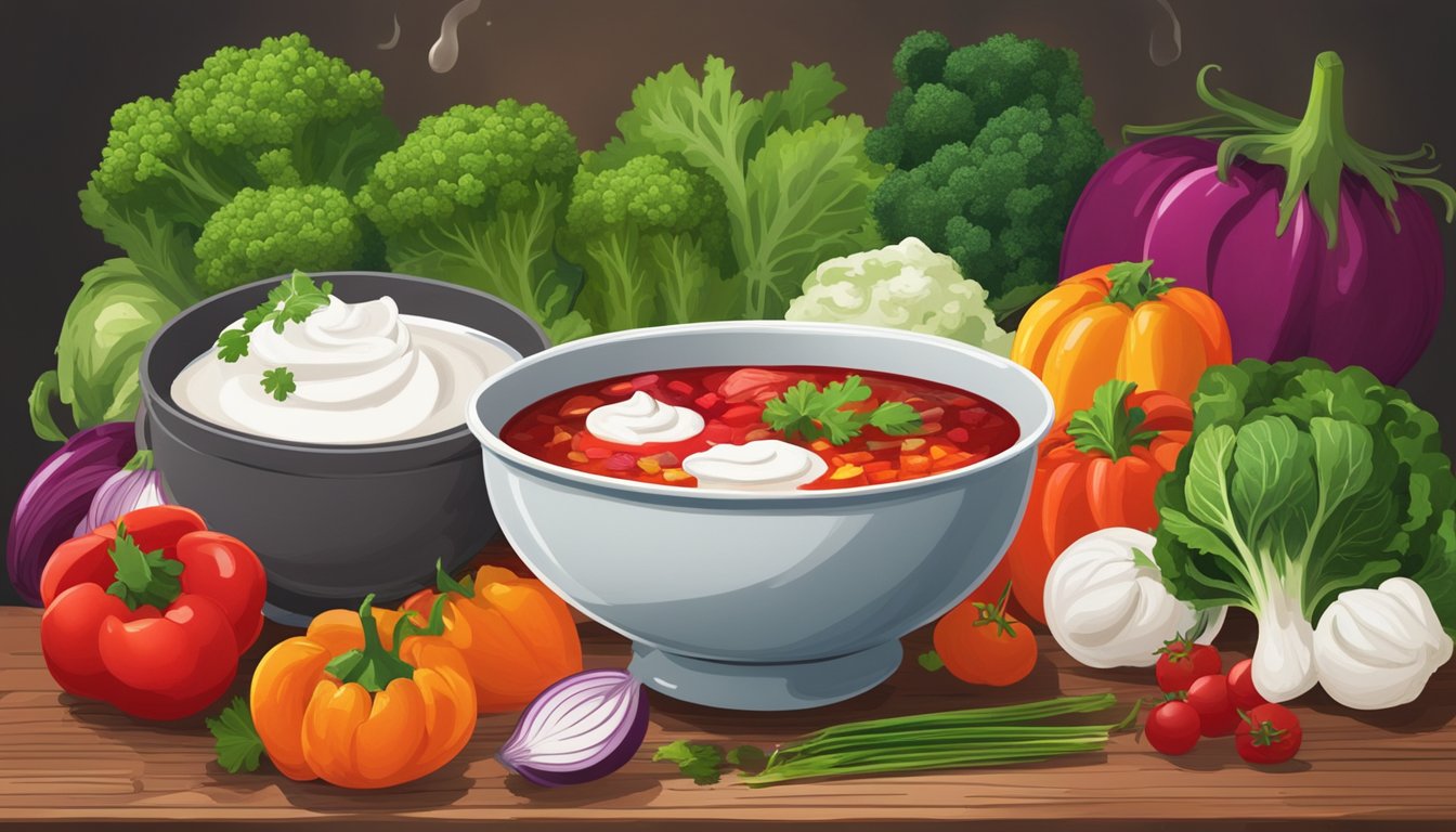 A steaming bowl of borscht sits on a rustic wooden table, surrounded by colorful vegetables and a dollop of sour cream