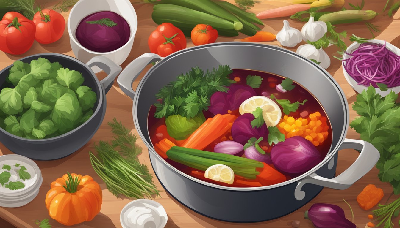 A pot of borscht simmering on the stove with colorful vegetables and herbs scattered around