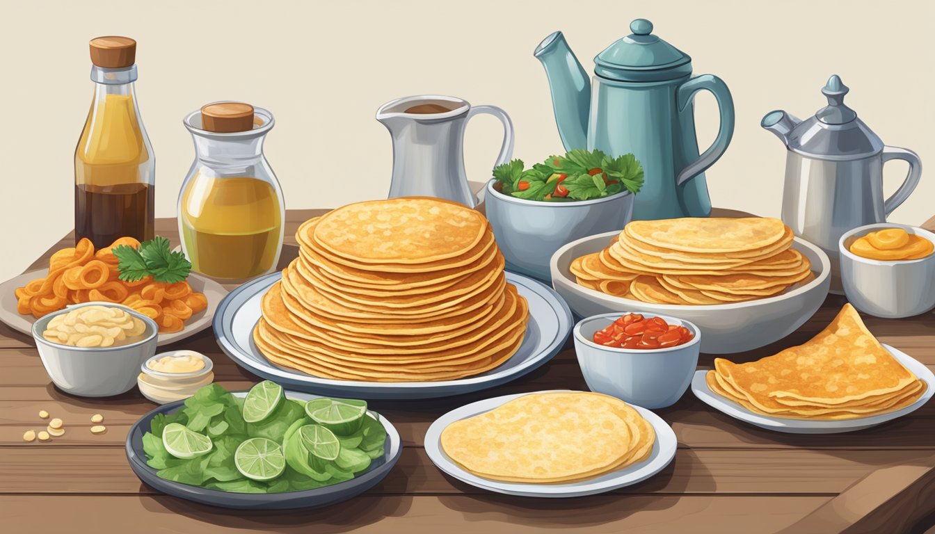 A table set with blini ingredients and toppings, with a stack of blini ready to be eaten