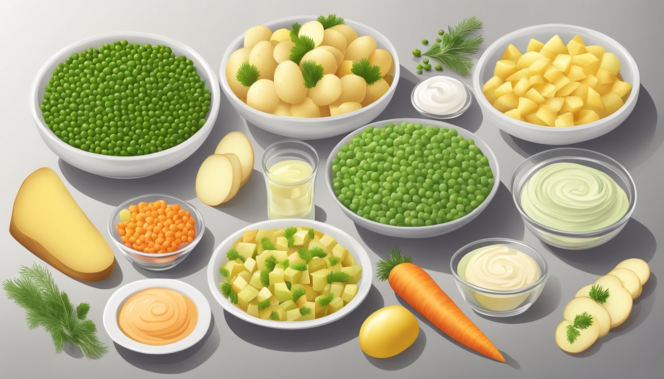 A table set with a colorful array of ingredients for olivier salad, including potatoes, carrots, peas, pickles, and mayonnaise