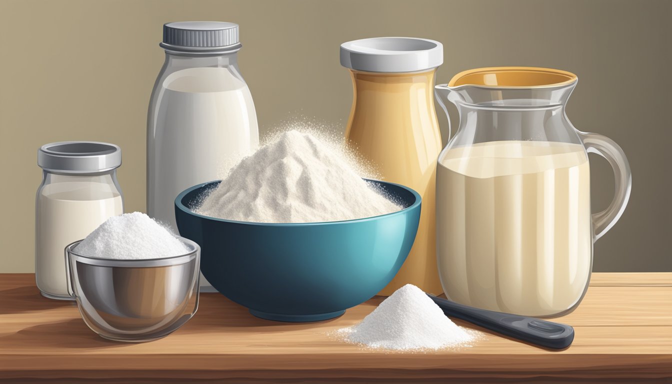 A bowl of flour, eggs, milk, and sugar sits on a wooden table. A whisk and measuring cups are nearby