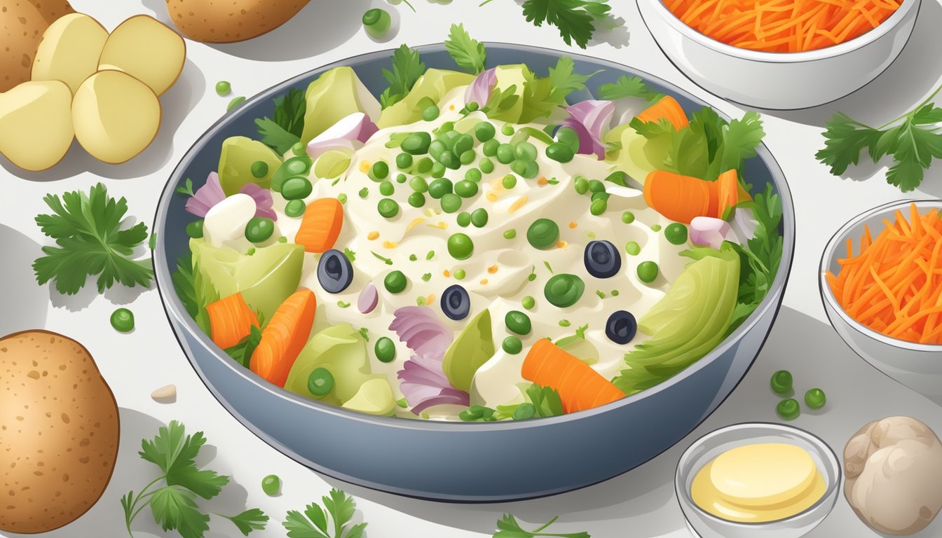 A bowl of olivier salad surrounded by various ingredients like potatoes, carrots, peas, pickles, and mayonnaise