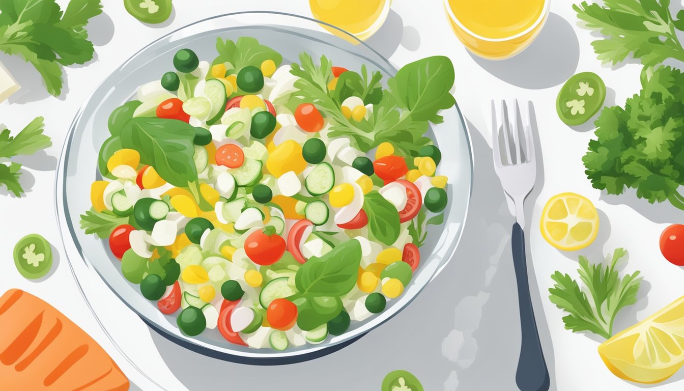 A bowl of olivier salad surrounded by fresh vegetables and a glass of water on a clean, white table