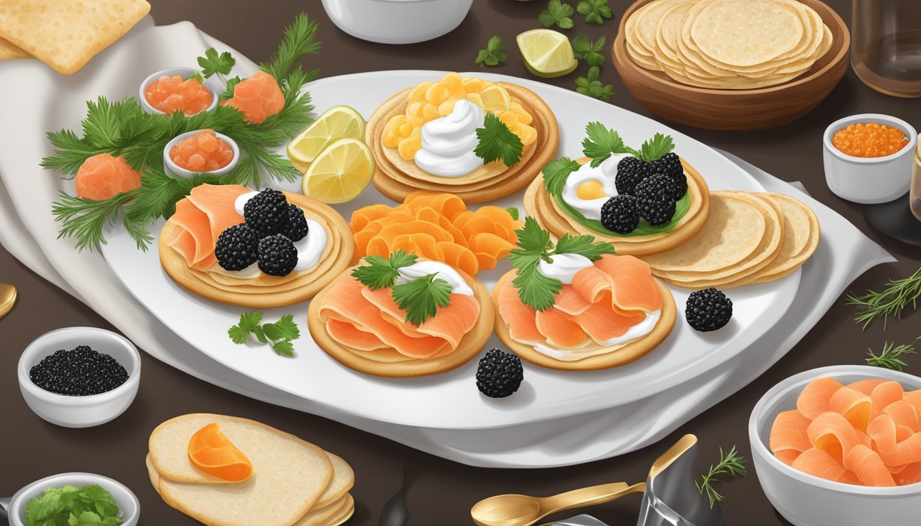 A table set with an assortment of blini toppings and accompaniments, including caviar, sour cream, smoked salmon, and fresh herbs