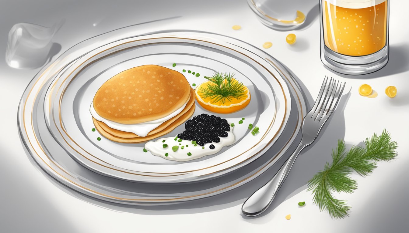 A plate of blini with a dollop of sour cream and a sprinkle of caviar, accompanied by a small fork and a garnish of fresh dill