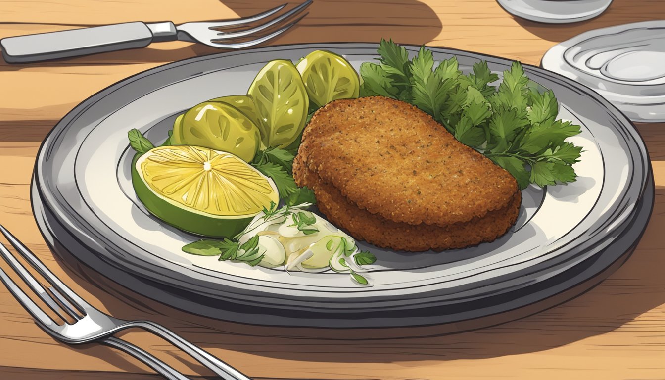 A plate with a golden-brown kotlet, surrounded by a garnish of fresh herbs and a side of pickles, with a fork resting nearby