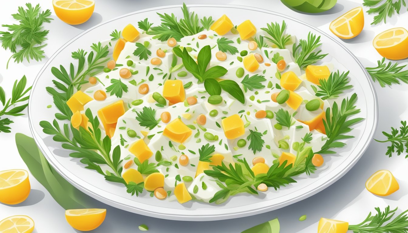 A plate of olivier salad sits on a white tablecloth, garnished with fresh herbs and neatly arranged in a colorful, decorative pattern