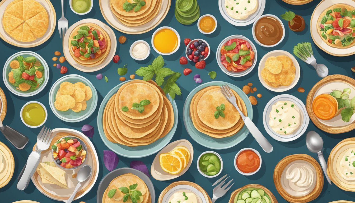 A table set with a variety of blini toppings, surrounded by colorful plates and utensils