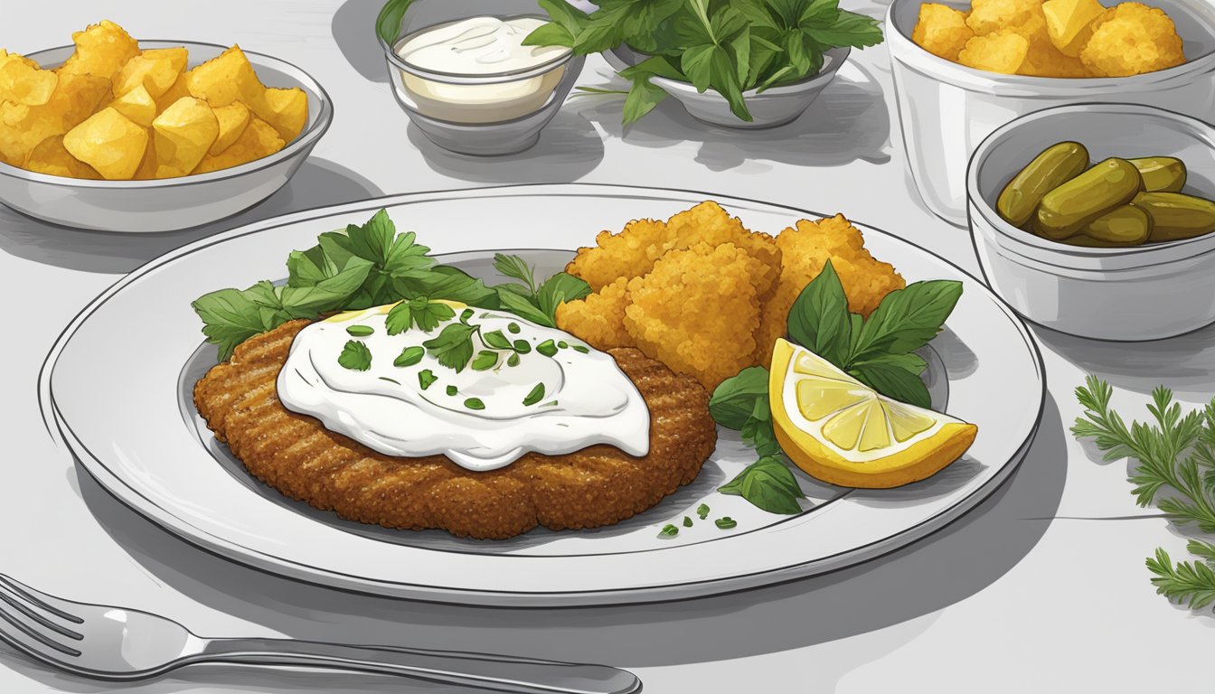 A plate with a golden-brown kotlet, garnished with fresh herbs and a slice of lemon, served alongside a dollop of creamy yogurt and a side of pickles