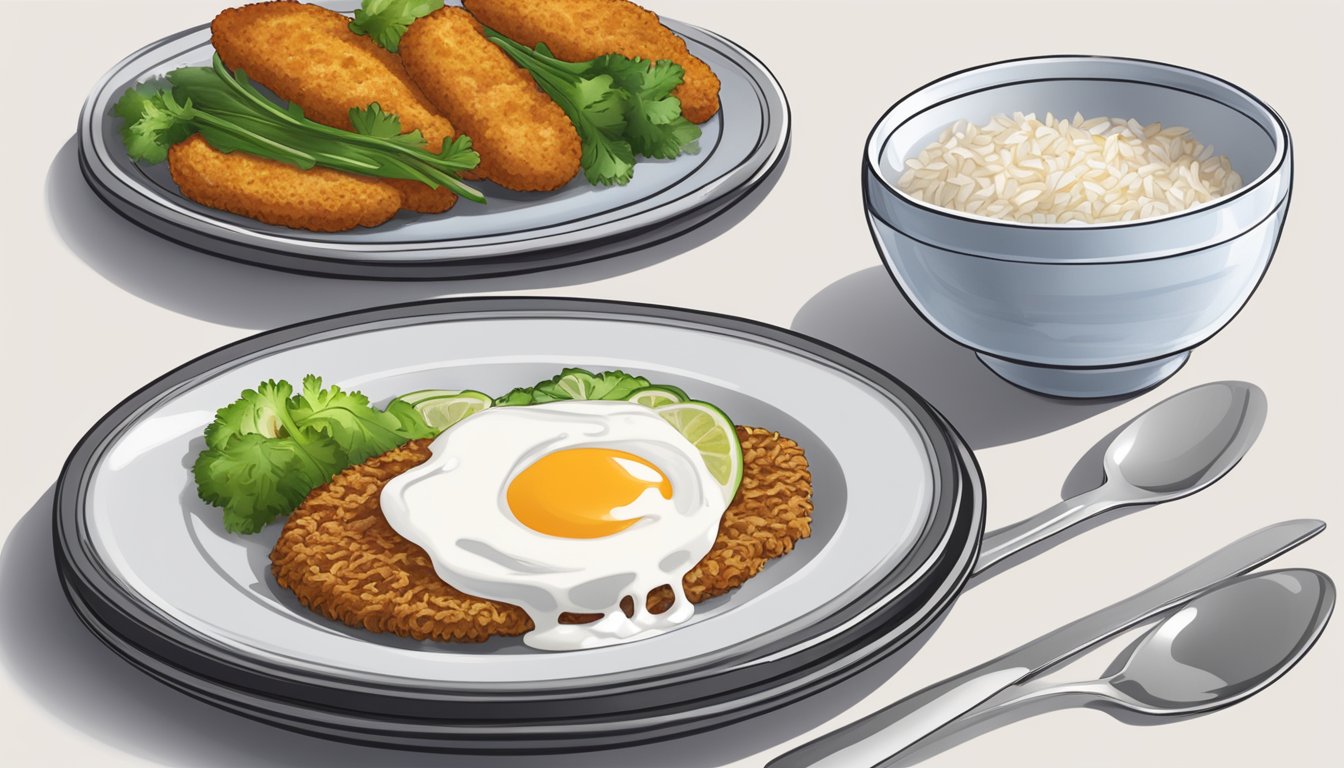 A plate with a kotlet, a side of rice, and a spoonful of yogurt