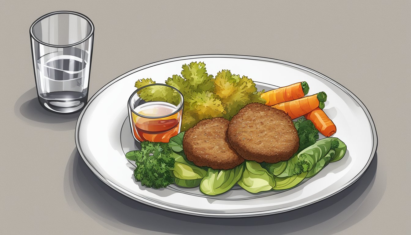 A plate with a cooked kotlet, accompanied by a side of vegetables and a glass of water