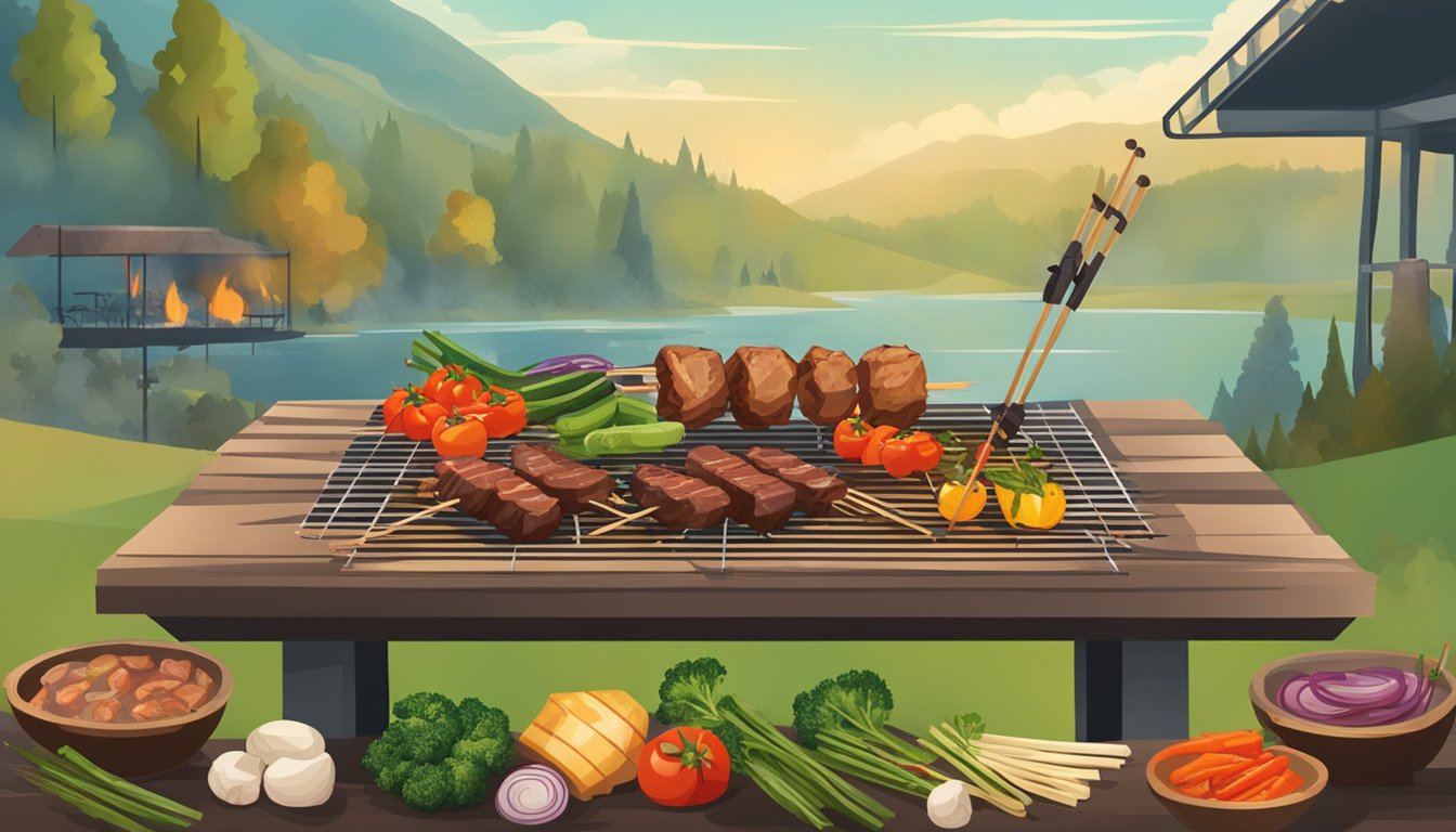 A table set with skewered meat, vegetables, and a grill. Smoke rises as the shashlik cooks over the open flame