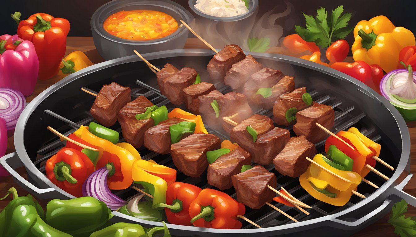 A skewer of shashlik sizzling over an open flame, surrounded by colorful bell peppers, onions, and chunks of marinated meat