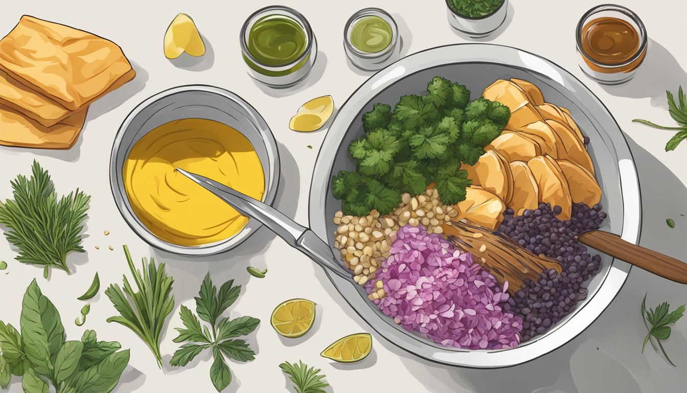 A bowl of marinade ingredients being mixed together with a spoon