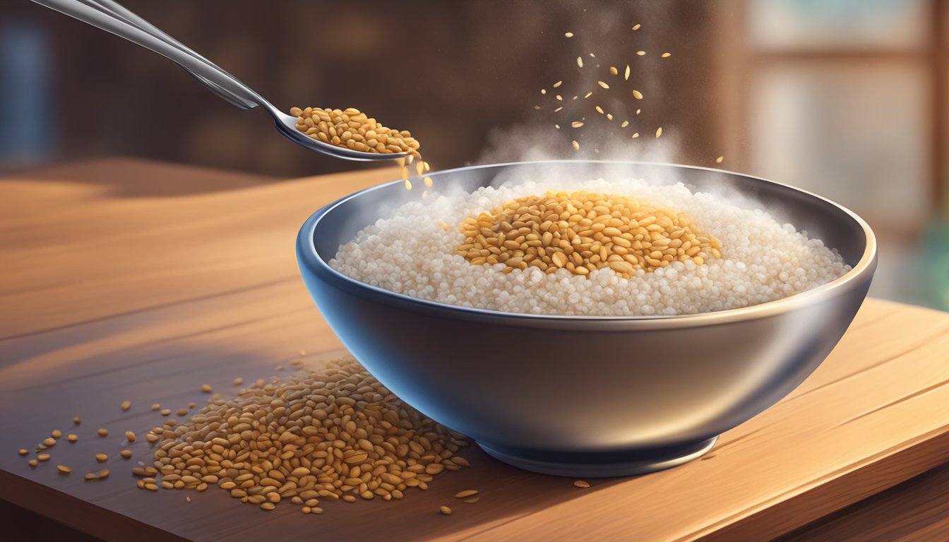 A bowl of cooked kasha sits on a wooden table, steam rising from the grains. A fork rests beside the bowl