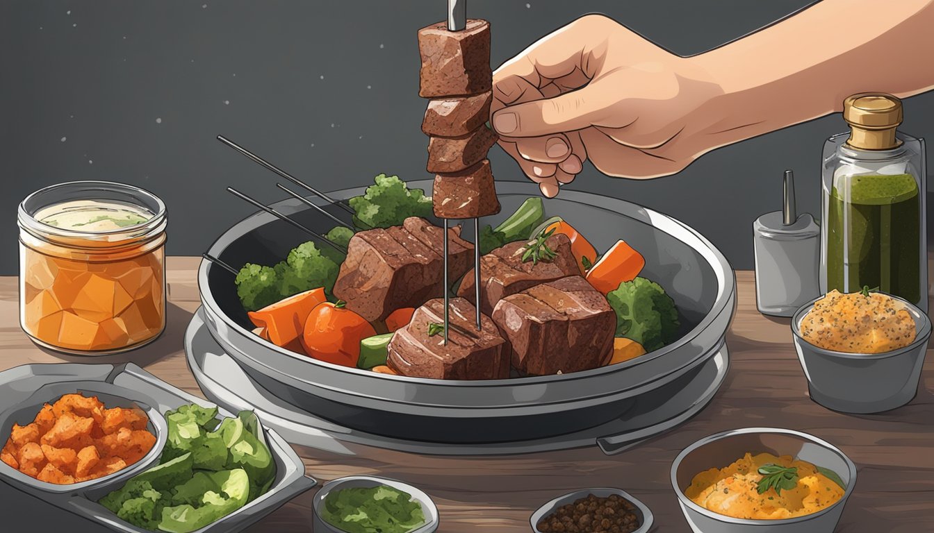 A hand skewering chunks of meat and vegetables onto a metal skewer, with a bowl of marinade and spices nearby