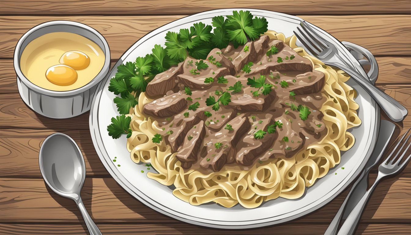 A steaming plate of beef stroganoff sits on a rustic wooden table, garnished with fresh parsley and served with a side of buttered egg noodles