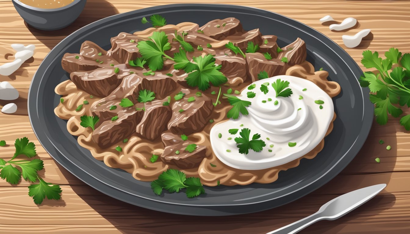 A steaming plate of beef stroganoff sits on a wooden table, surrounded by a sprinkle of fresh parsley and a dollop of sour cream