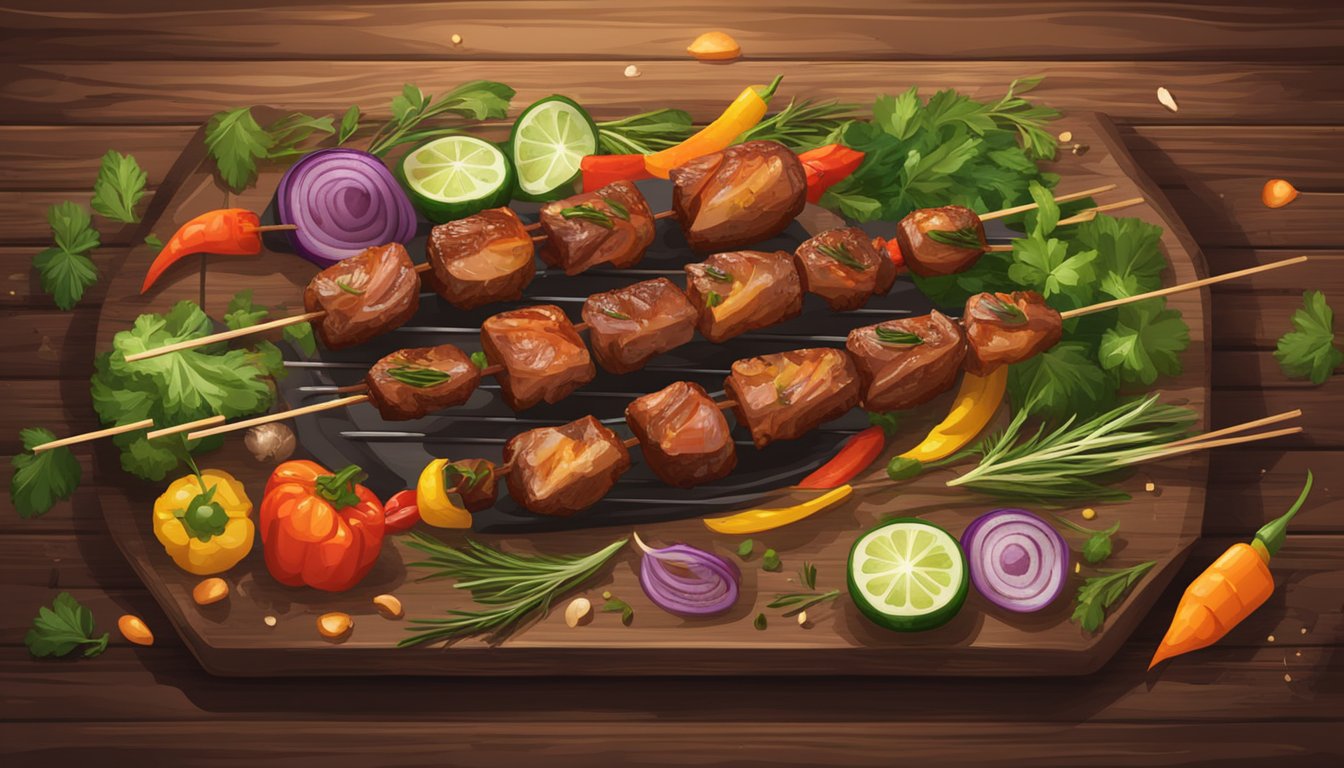 A skewer of shashlik sizzling over an open flame, surrounded by colorful vegetables and herbs on a rustic wooden platter