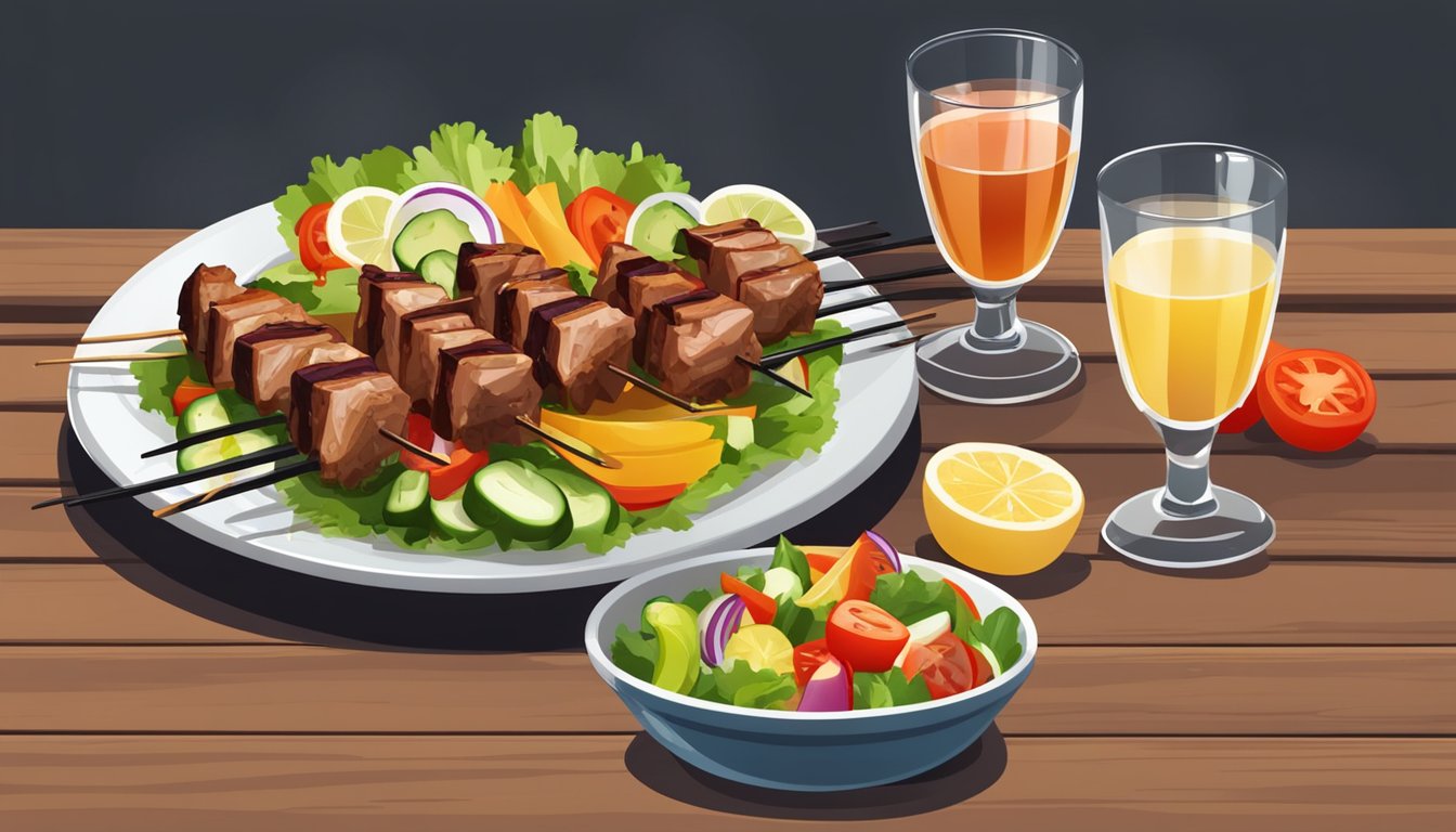 A plate of shashlik skewers with a variety of colorful vegetables and tender, grilled meat, accompanied by a side of fresh salad and a glass of cold drink