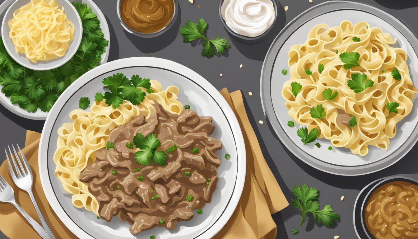 A plate of beef stroganoff with a side of buttered egg noodles and a dollop of sour cream. A sprinkle of fresh parsley garnishes the dish