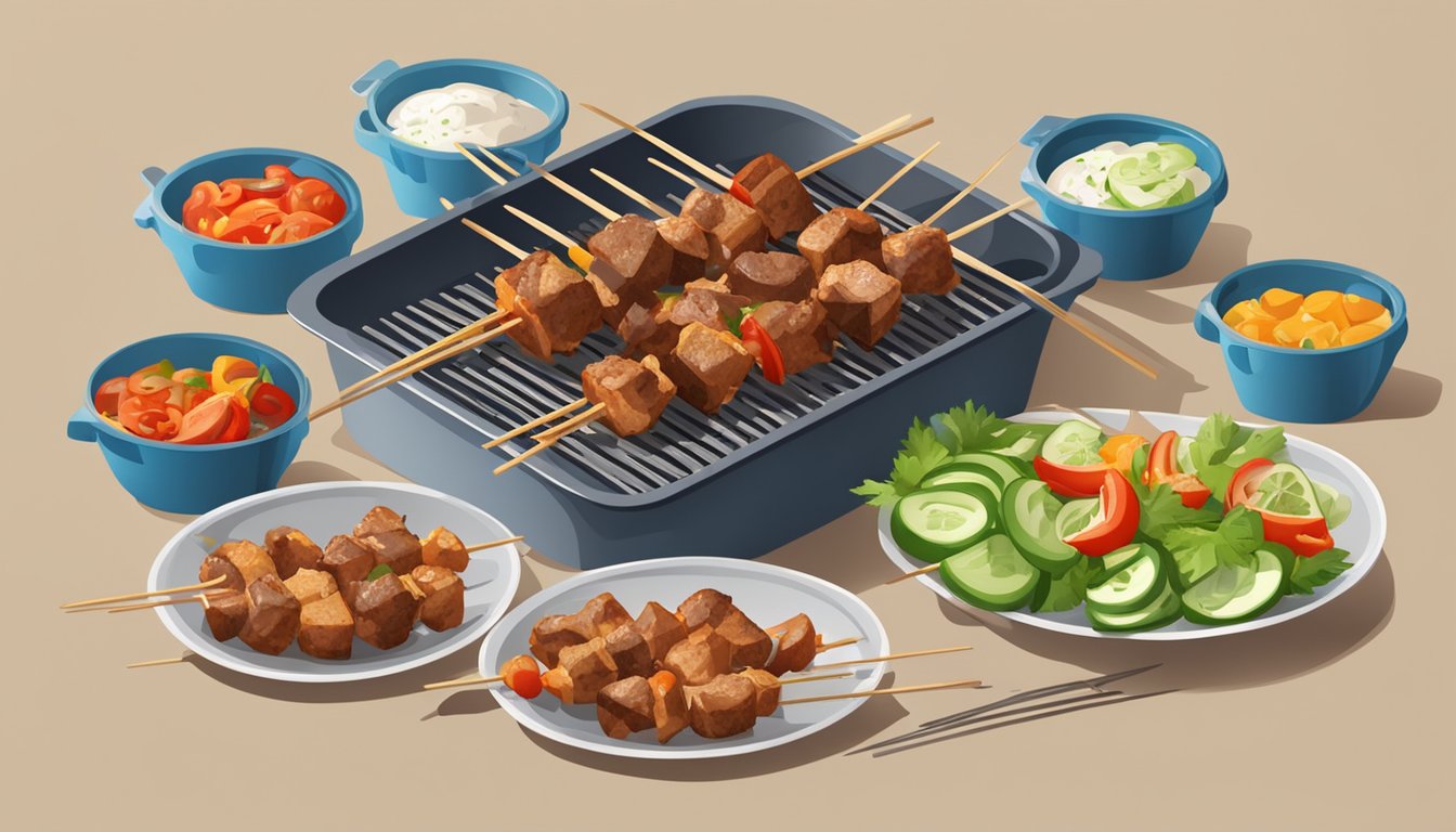 A plate of shashlik skewers surrounded by various storage and reheating containers and utensils