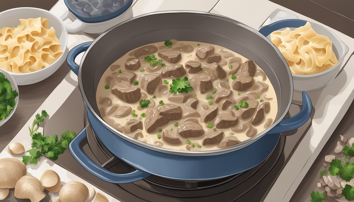 A pot of beef stroganoff simmers on a stovetop. Steam rises as the creamy sauce coats tender strips of beef and mushrooms