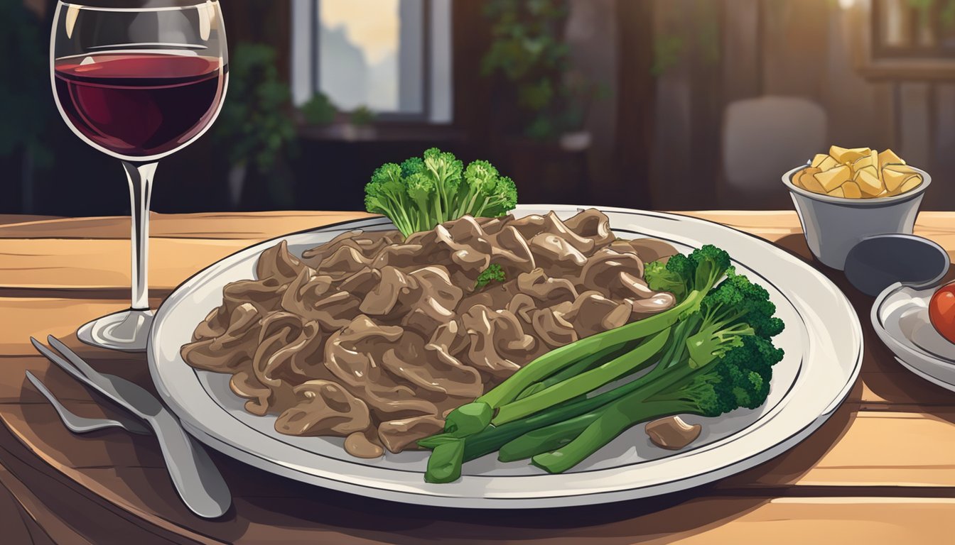 A plate of beef stroganoff sits on a wooden table, accompanied by a side of steamed vegetables and a glass of red wine