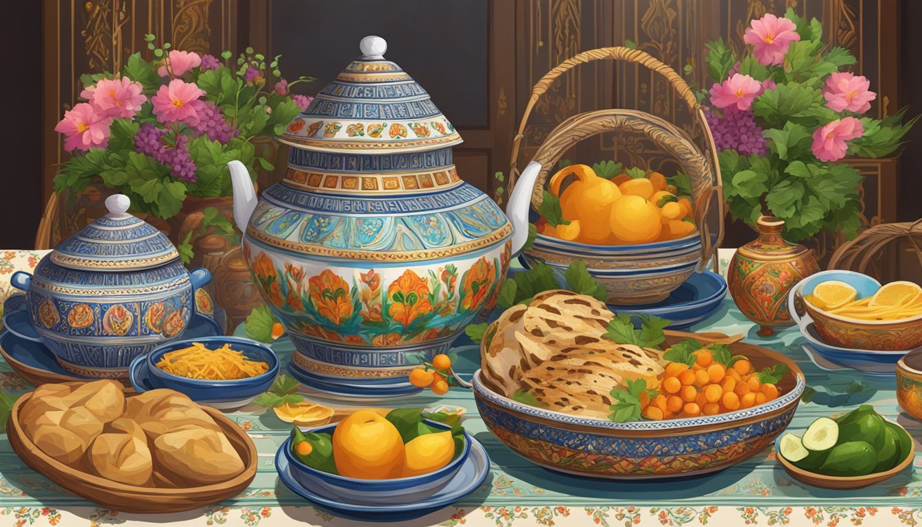 A beautifully decorated kulebyaka sits on a table, surrounded by traditional Russian decor and serving dishes