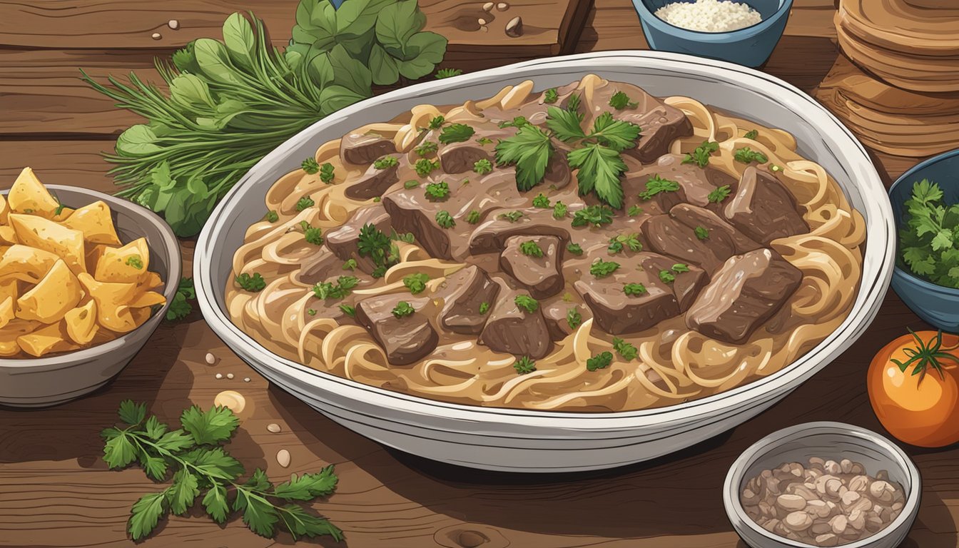 A bowl of beef stroganoff sits on a rustic wooden table, surrounded by a colorful array of fresh herbs and spices