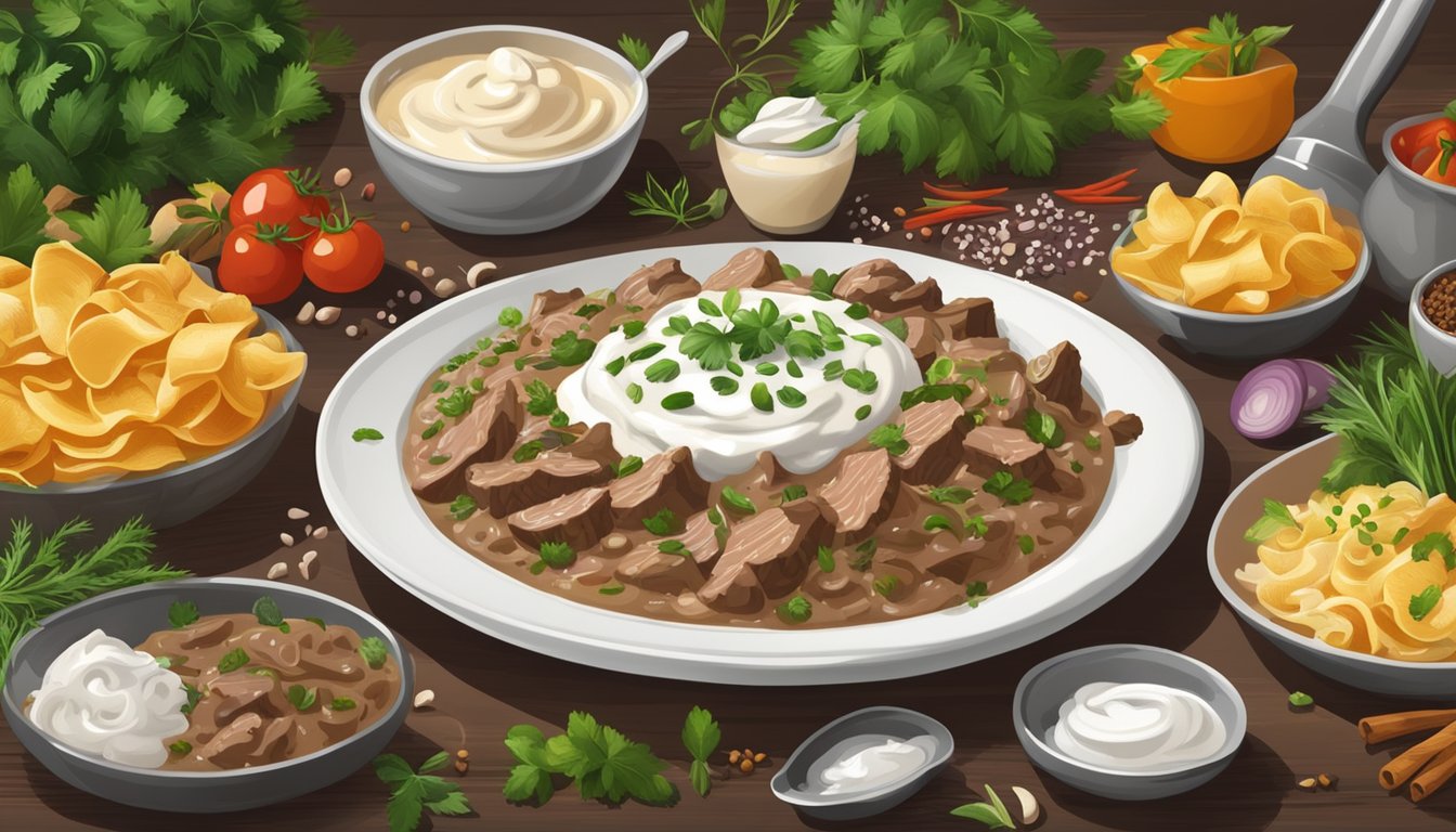 A steaming plate of beef stroganoff topped with a dollop of sour cream, surrounded by a colorful array of fresh herbs and spices