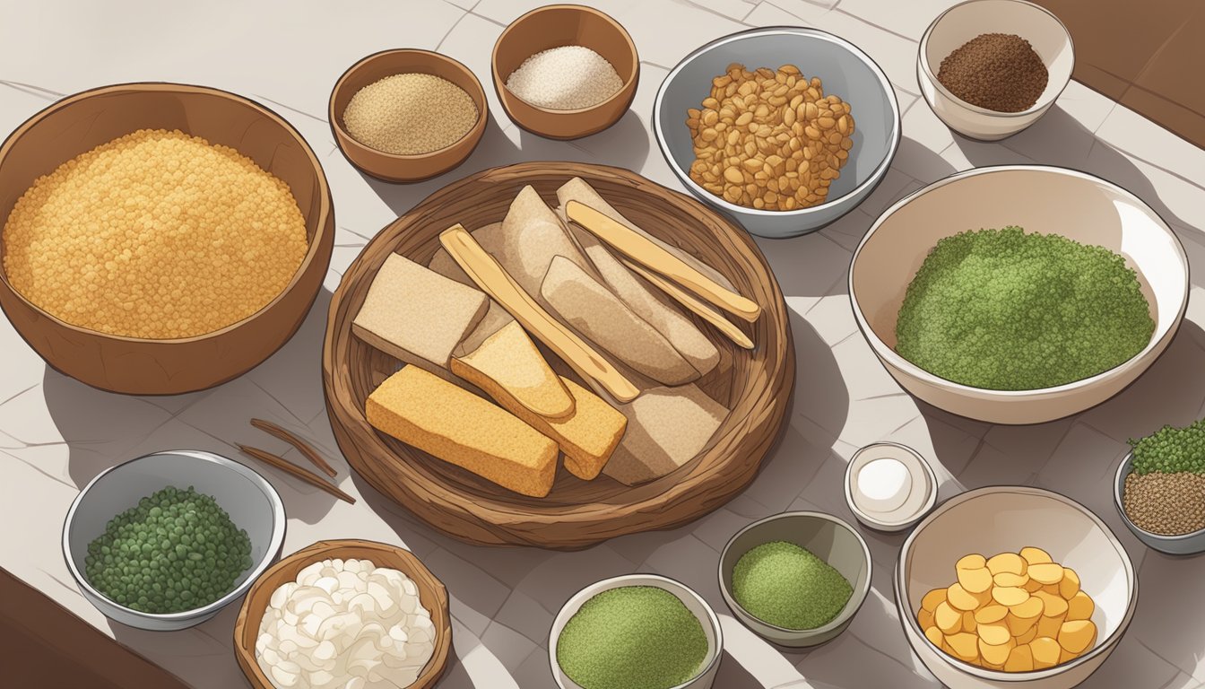 A table with a freshly baked kulebyaka surrounded by bowls of essential ingredients and potential substitutes