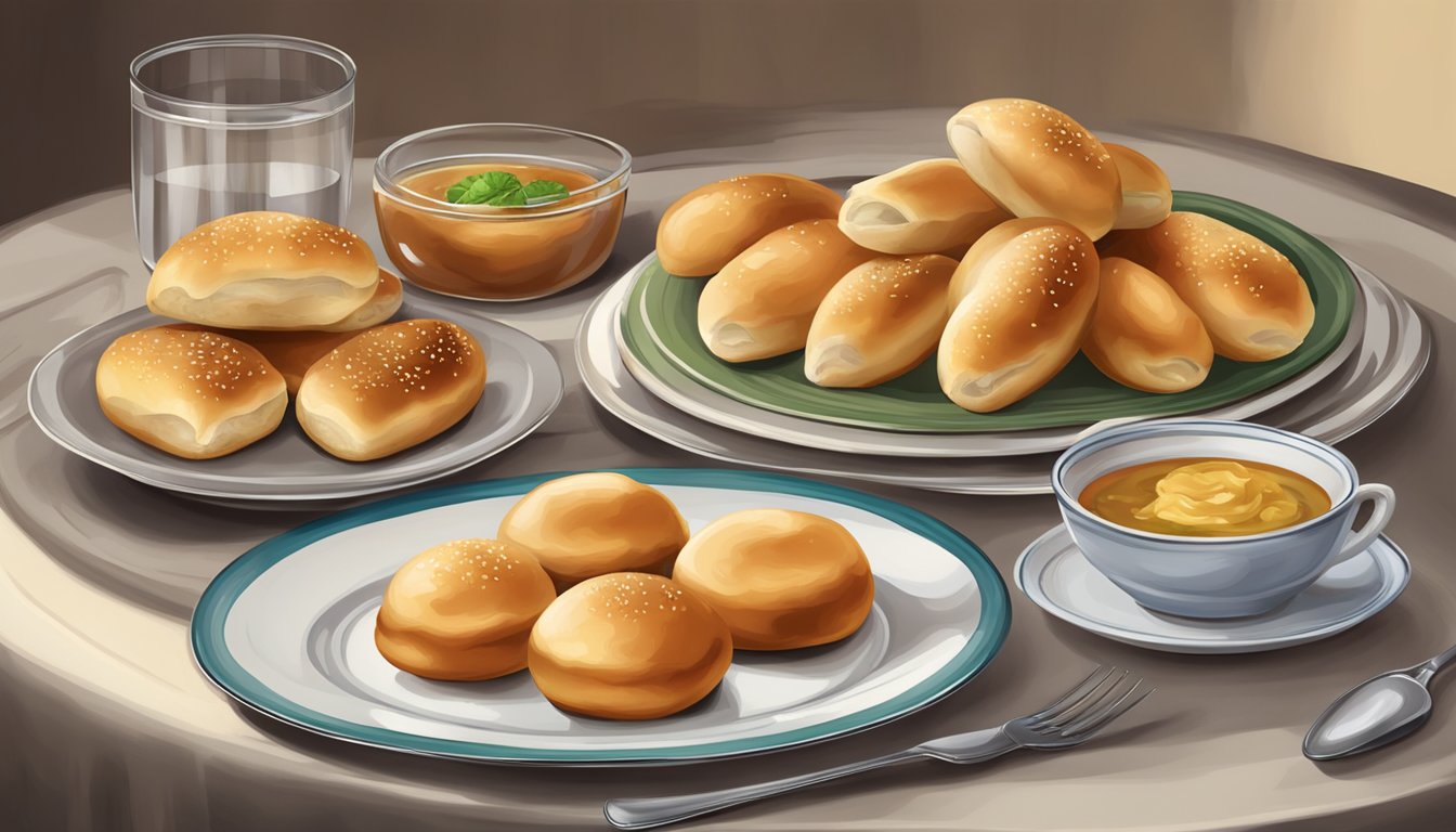 A table set with a plate of pirozhki, a fork, and a knife