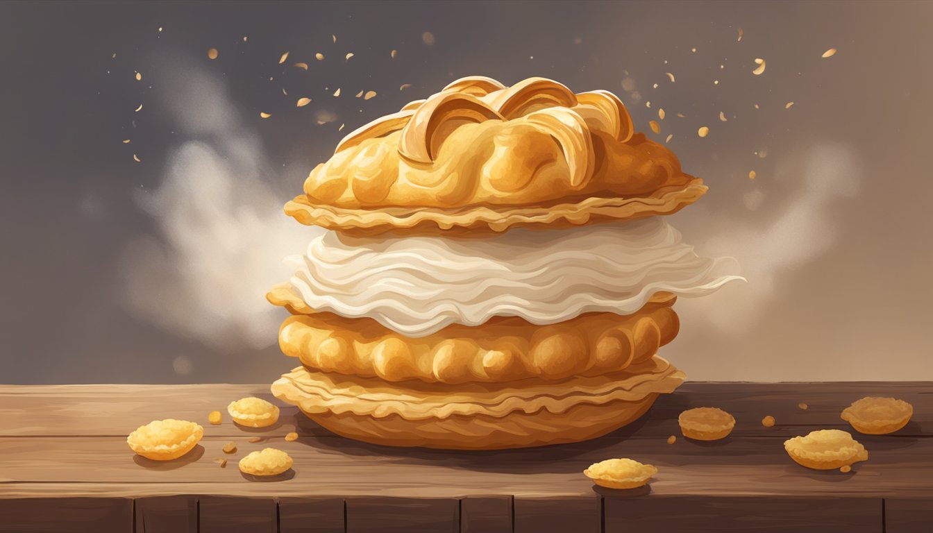 A golden-brown kulebyaka sits on a rustic wooden table, flaky layers of pastry peeking out from the top. Steam rises from the freshly baked pie, filling the air with a tantalizing aroma