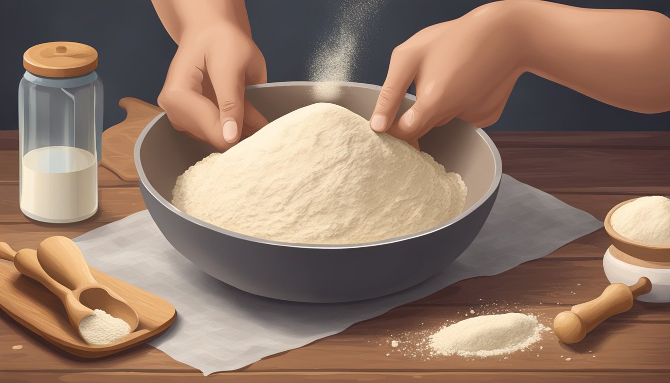 A bowl of flour, yeast, and water sits on a wooden table, with a rolling pin and dough cutter nearby. A pair of hands is kneading the dough