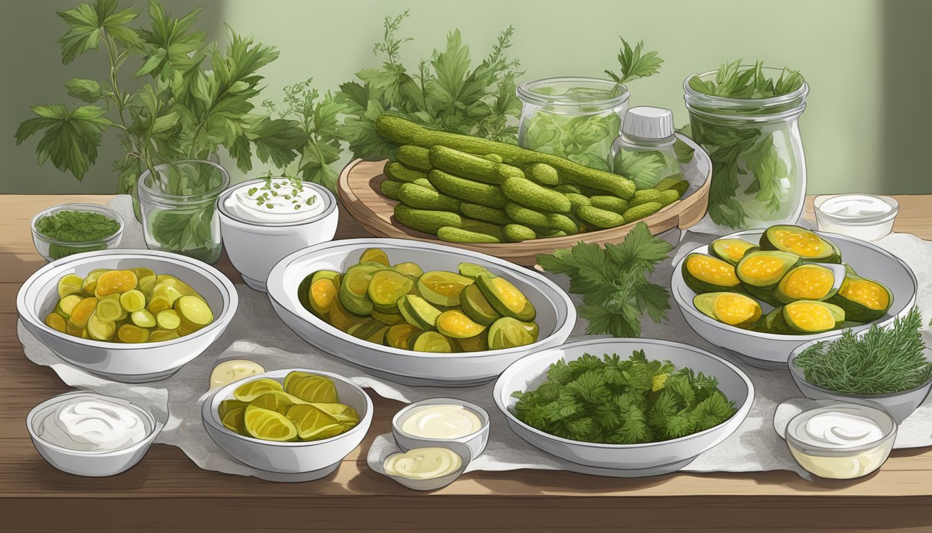 A table set with a platter of kulebyaka, surrounded by plates of pickles, sour cream, and fresh herbs