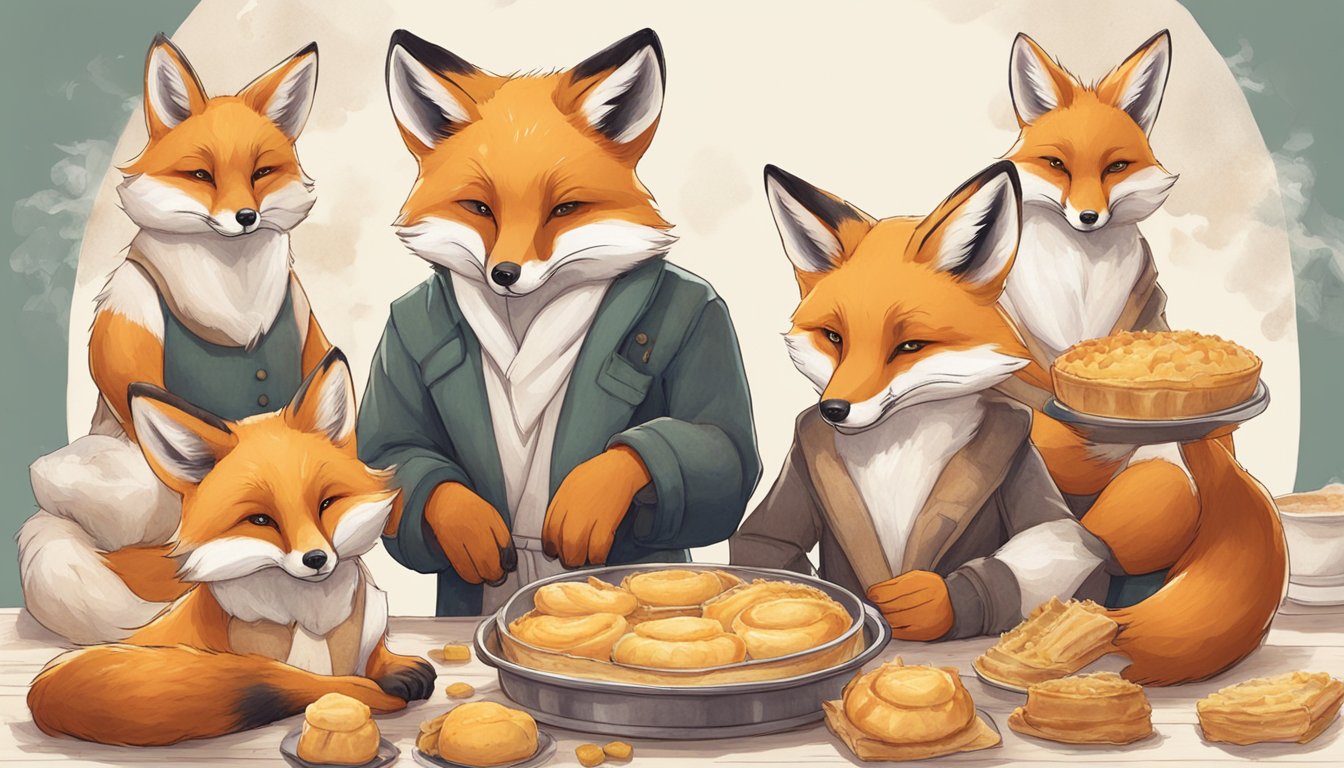 A family of foxes gathers around a steaming kulebyaka, each using their paws to carefully tear off flaky layers of pastry and savory filling