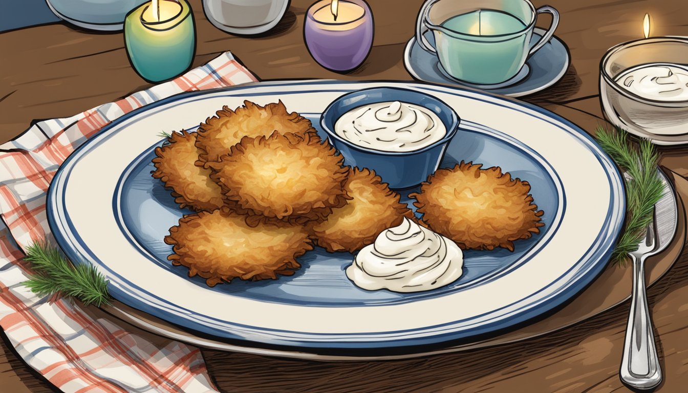 A plate of crispy latkes topped with sour cream and applesauce, surrounded by a festive Hanukkah table setting