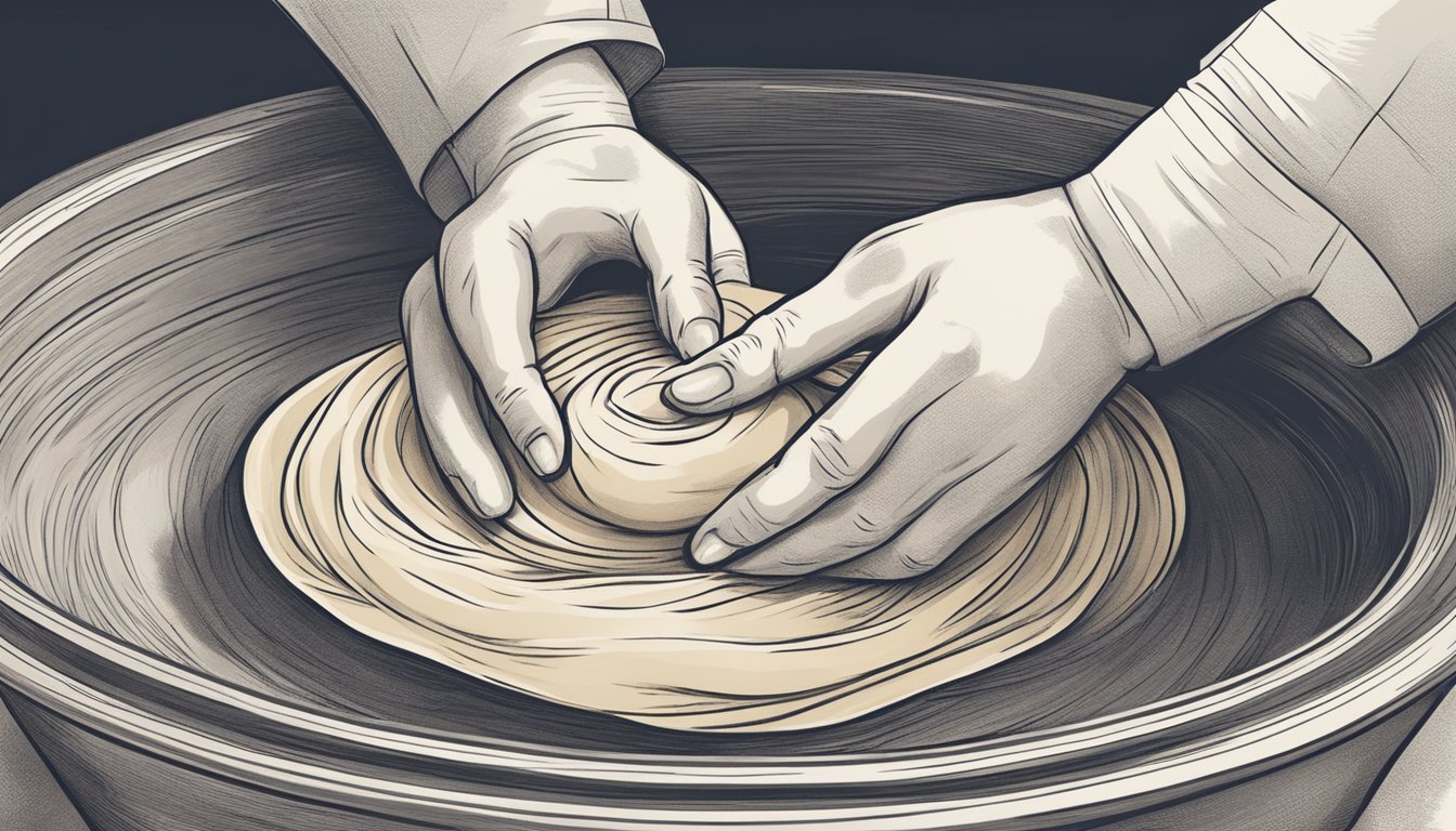 A pair of hands expertly shaping and filling pirozhki dough, ready for baking