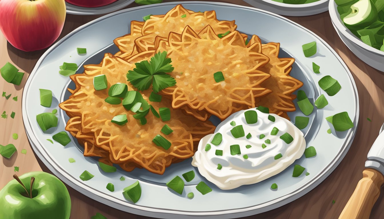 A plate of golden latkes topped with a dollop of sour cream and a sprinkle of chives, surrounded by a few scattered apple slices