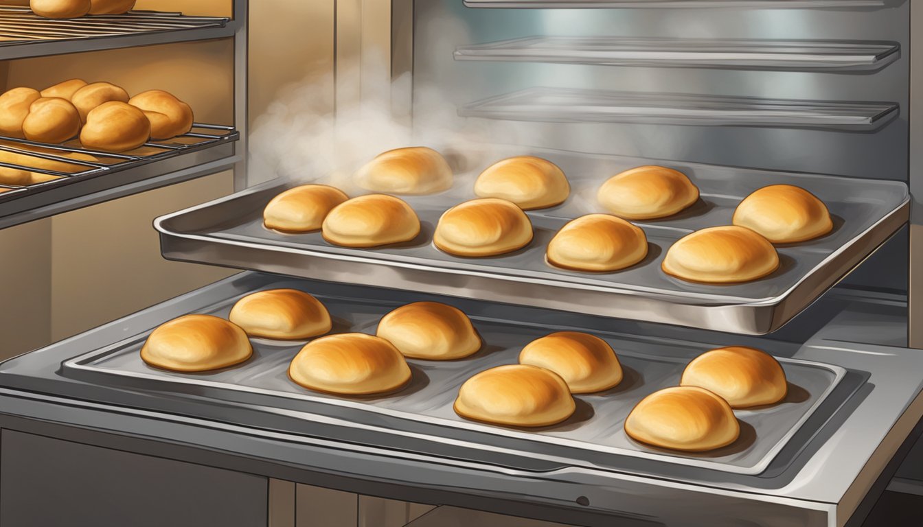 A tray of pirozhki being baked in the oven, with steam rising from the golden brown pastries