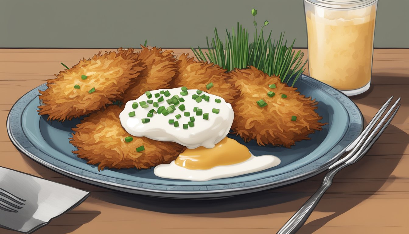 A plate of latkes with a dollop of sour cream and a sprinkle of chives, accompanied by a side of applesauce