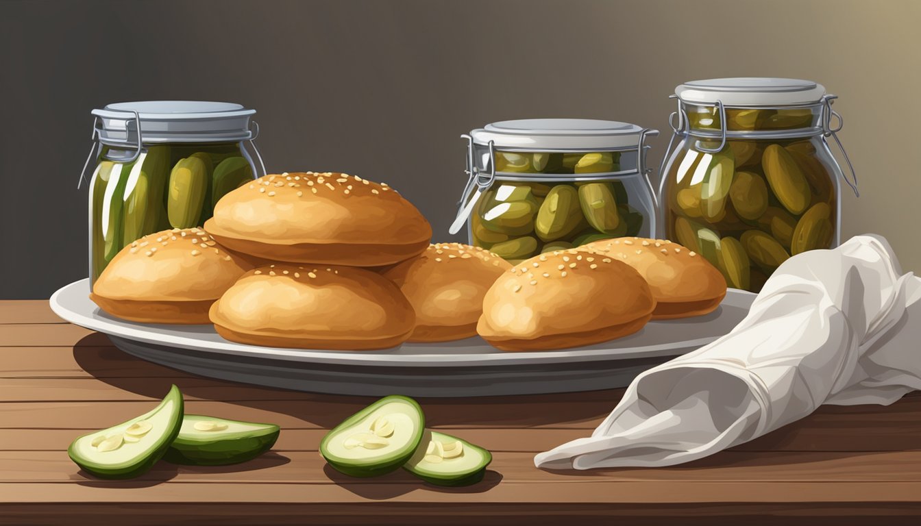 A plate of pirozhki arranged on a wooden serving board next to a jar of pickles and a cloth napkin. Airtight containers of leftover pirozhki stacked in the refrigerator