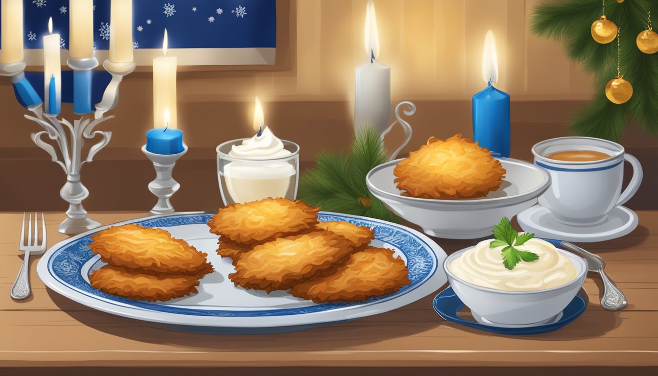 A plate of latkes on a festive table, garnished with sour cream and applesauce, surrounded by Hanukkah decorations