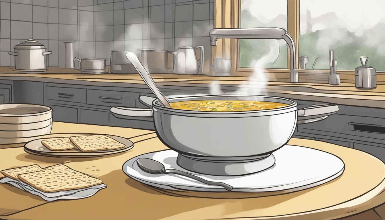 A bowl of matzo ball soup sits on a table, steam rising from the golden broth. A spoon rests beside the bowl, ready to be used