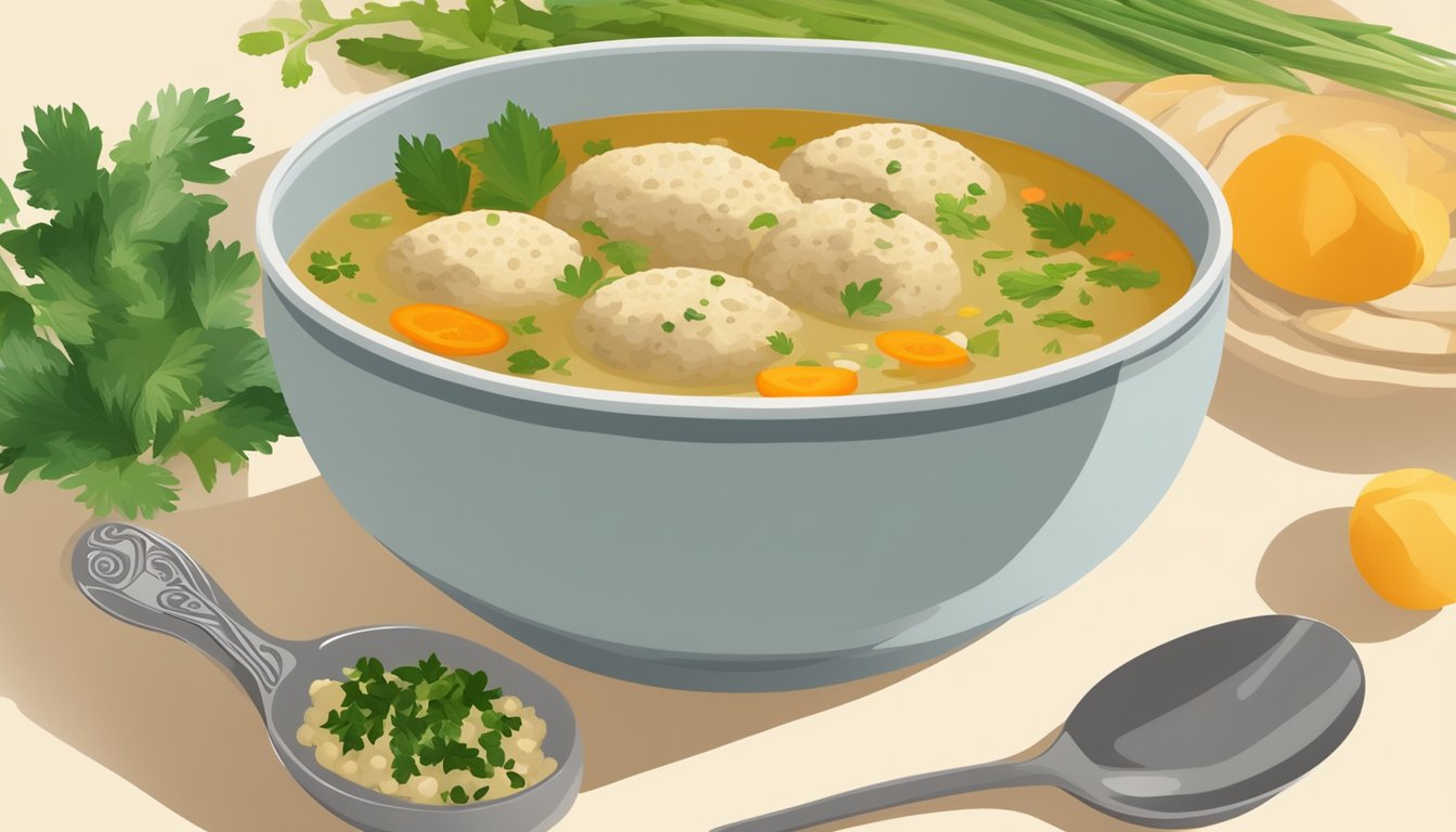 A steaming bowl of matzo ball soup sits on a table with a spoon beside it. The golden broth and fluffy matzo balls are surrounded by fresh herbs and vegetables