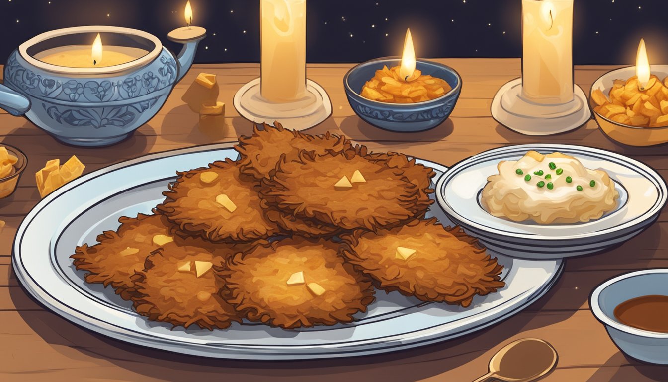 A plate of latkes sits on a festive table, surrounded by candles and dreidels. A small dish of applesauce and a dollop of sour cream accompany the crispy potato pancakes